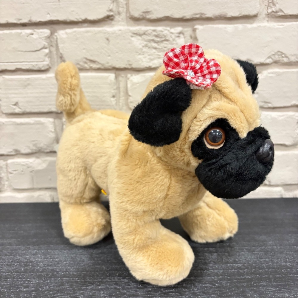 Build a Bear Workshop Pug Puppy Plush Tan Black Dog Gingham Flower Accessory